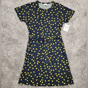 LuLaRoe Marly Yellow Rose Navy Polka Dot Print Belted Midi Dress With Pockets
